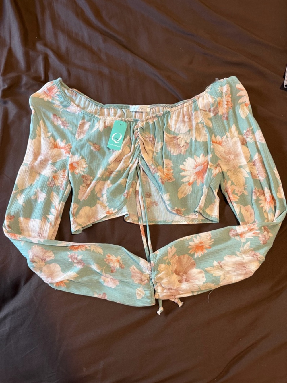 Floral Off-Shoulder Tie-Front Crop Top - Mint & Blush